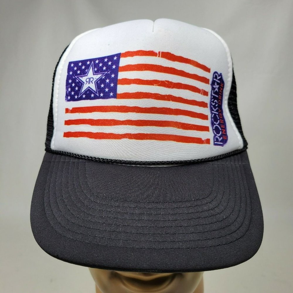 Rockstar Energy Snapback Trucker Hat Cap 5-Panel Foam Black Mesh American Flag